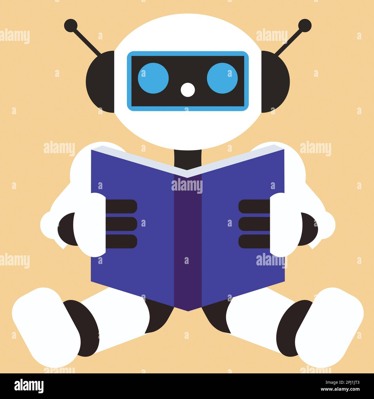 Süßer kleiner Roboter liest ein Buch Flachvektorkunst-Illustration Stockfoto