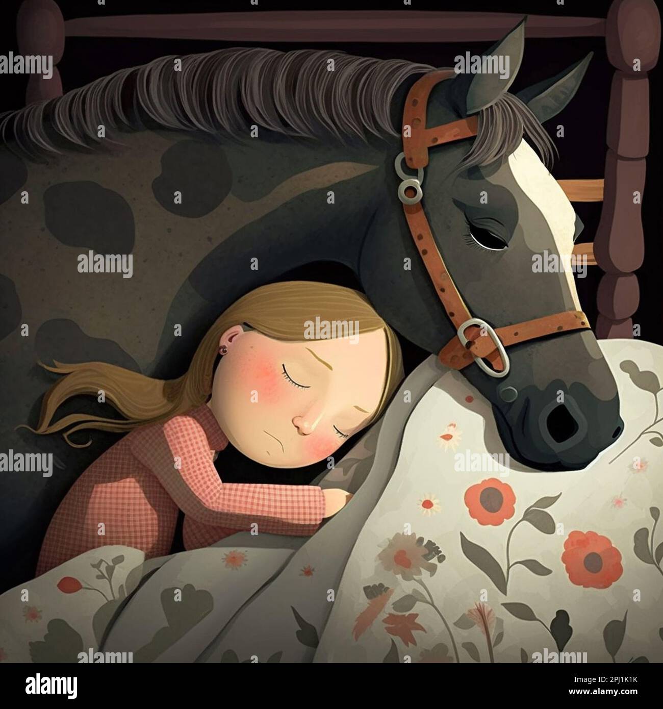 Abbildung: Kind schläft mit Pferd in der Nacht im Bett Stockfoto
