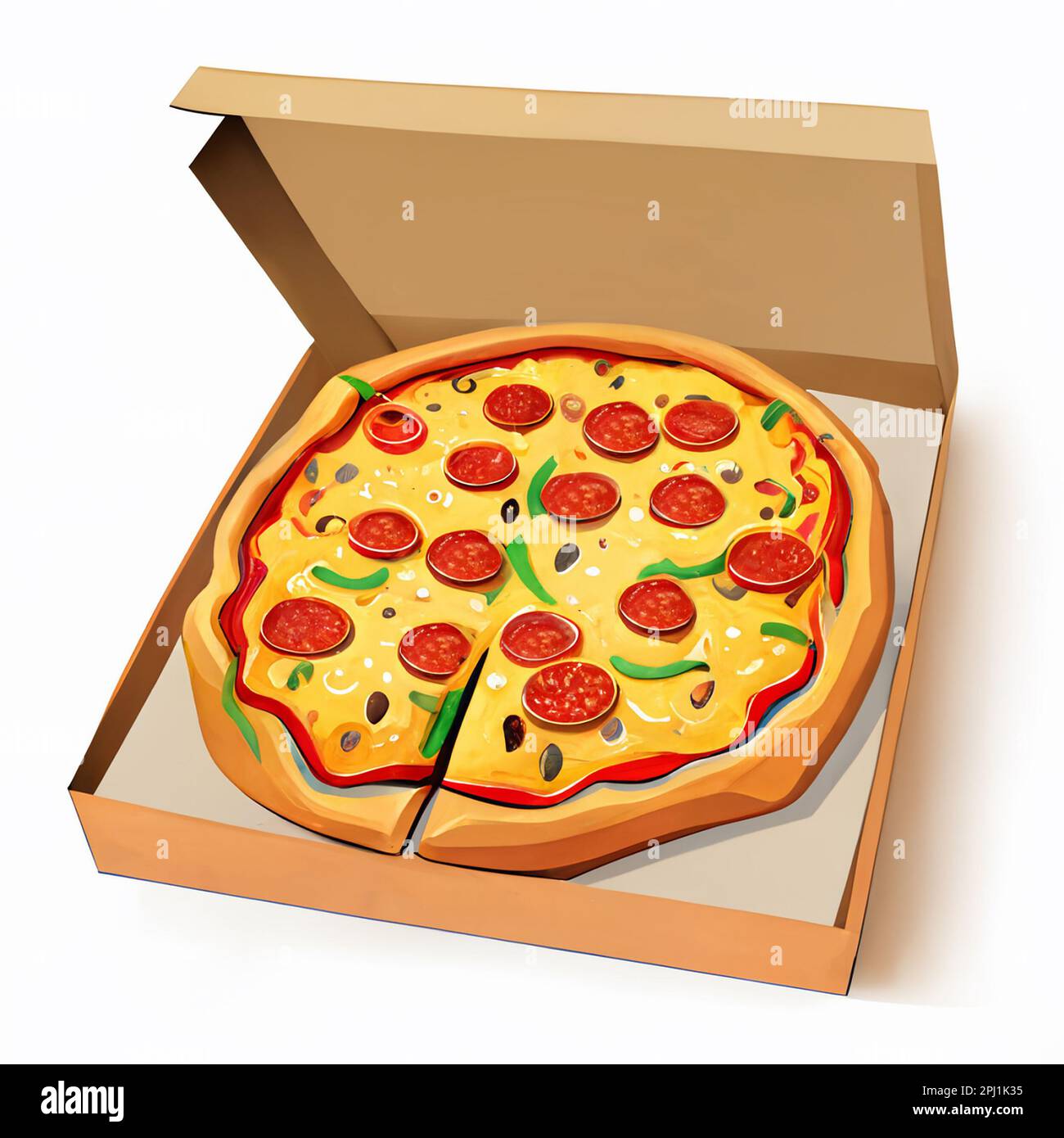 Cartoon Open Peperoni Pizza Box Over White Stockfoto
