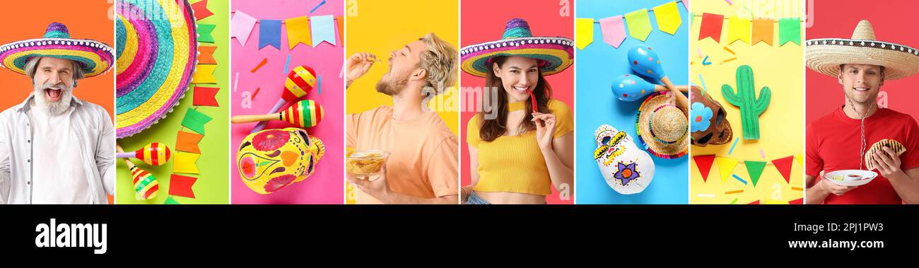 Collage von Mexikanern mit Sombrero, traditionellen Speisen, Maracas und Dekorationen auf farbenfrohem Hintergrund Stockfoto