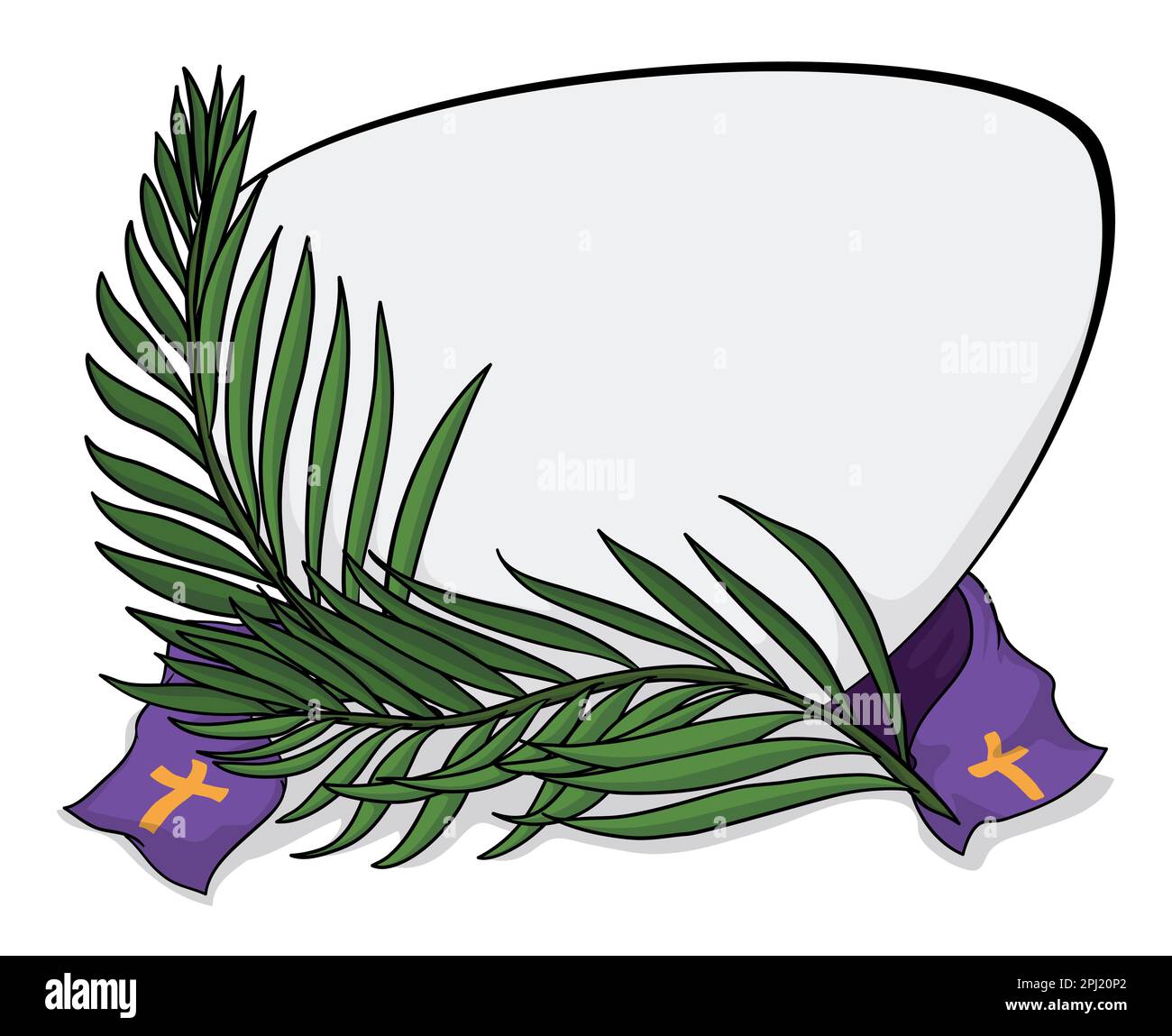 Vorlagendesign mit leerem Schild, grünen Palmenzweigen und lila Stola, dekoriert mit Kreuzen für Palm Sunday. Cartoon-Design. Stock Vektor