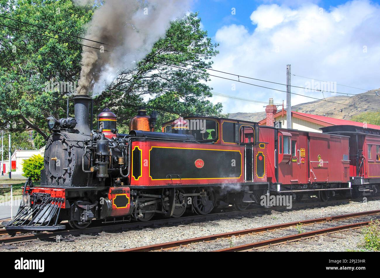 Dampfzug auf Ferrymead Heritage Park, Ferrymead, Christchurch, Region Canterbury, Südinsel, Neuseeland Stockfoto