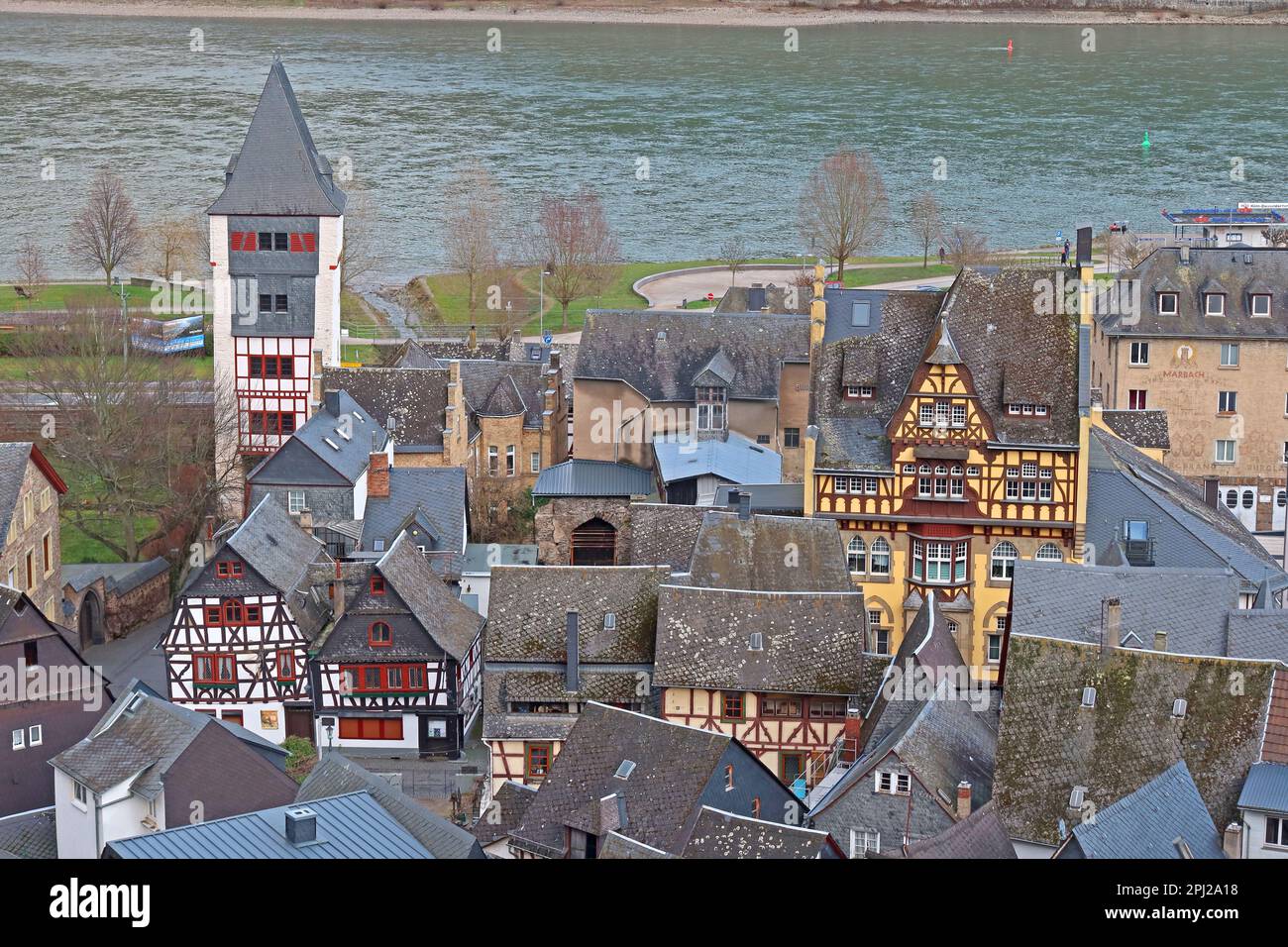 Bacharach (Bacharach am Rhein), aus dem Postenturm, Mainz-Bingen, Deutschland, mit Blick nach Süden Stockfoto