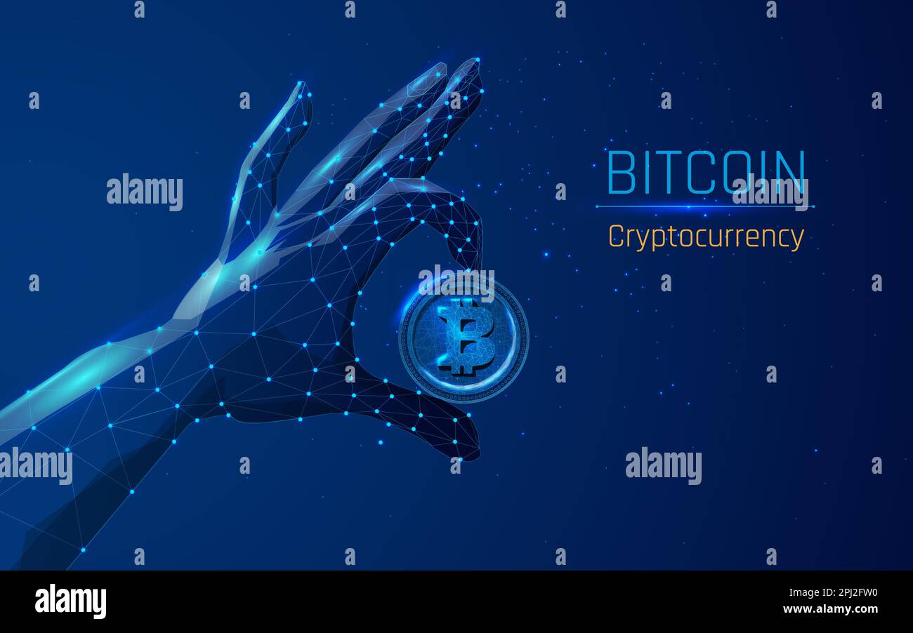Bitcoin-Kryptowährung auf einer Münze. Polygonales Geschäft, Geld, Währung, Bargeld, Kreiskonzept. Kryptografische Prinzipien zur Erstellung eines einzigartigen, nicht reproduzierbaren Produkts Stockfoto