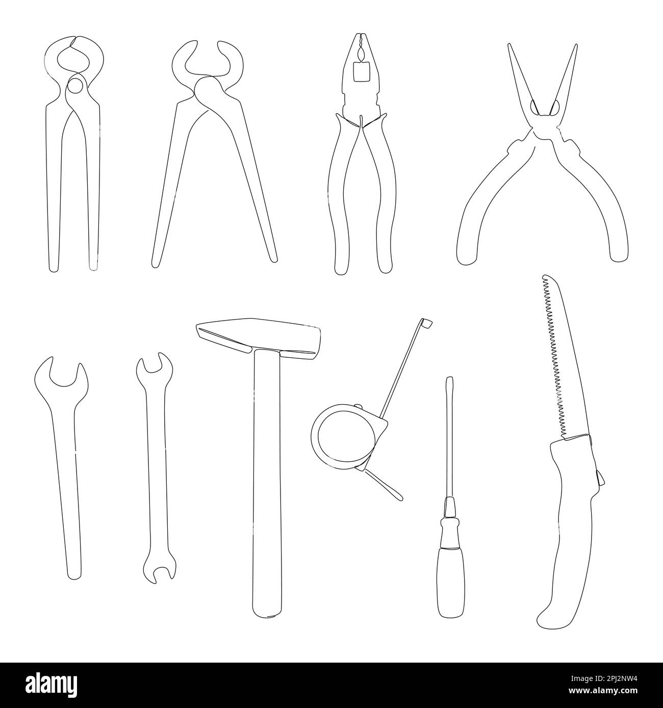 Ein Satz Arbeitsgeräte mit einer durchgehenden Reihe. Schraubenschlüssel, Zange, Zange, Linealband, Hammer. Vektorkonzept zur Darstellung dünner Linien. Konturzeichnung Kreative Idee Stock Vektor