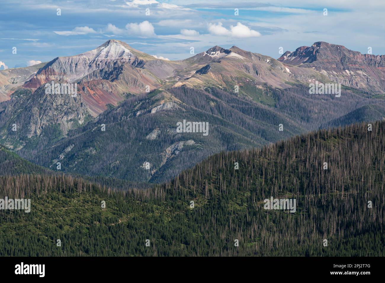 13.158 Fuß Montezuma Peak 13.020 Fuß Unicorn und 13.300 Fuß Summit Peak vom Lobo Overlook, auf der Spitze der kontinentalen Wasserscheide. Stockfoto