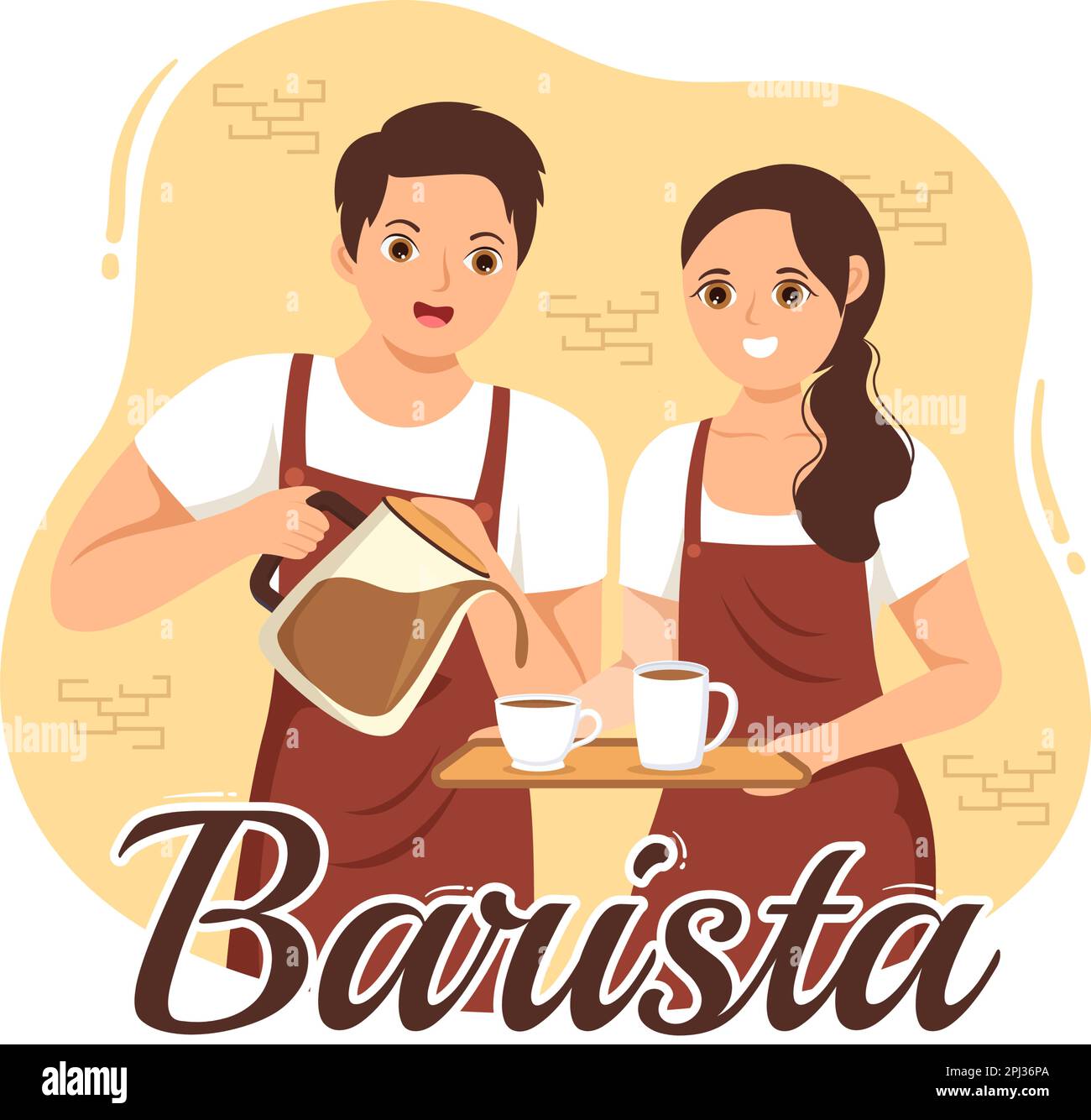 Barista Illustration: Tragen einer Stehschürze zum Zubereiten von Kaffee für Gäste in einer flachen, handgezeichneten Landing-Page oder Webbannervorlage Stock Vektor