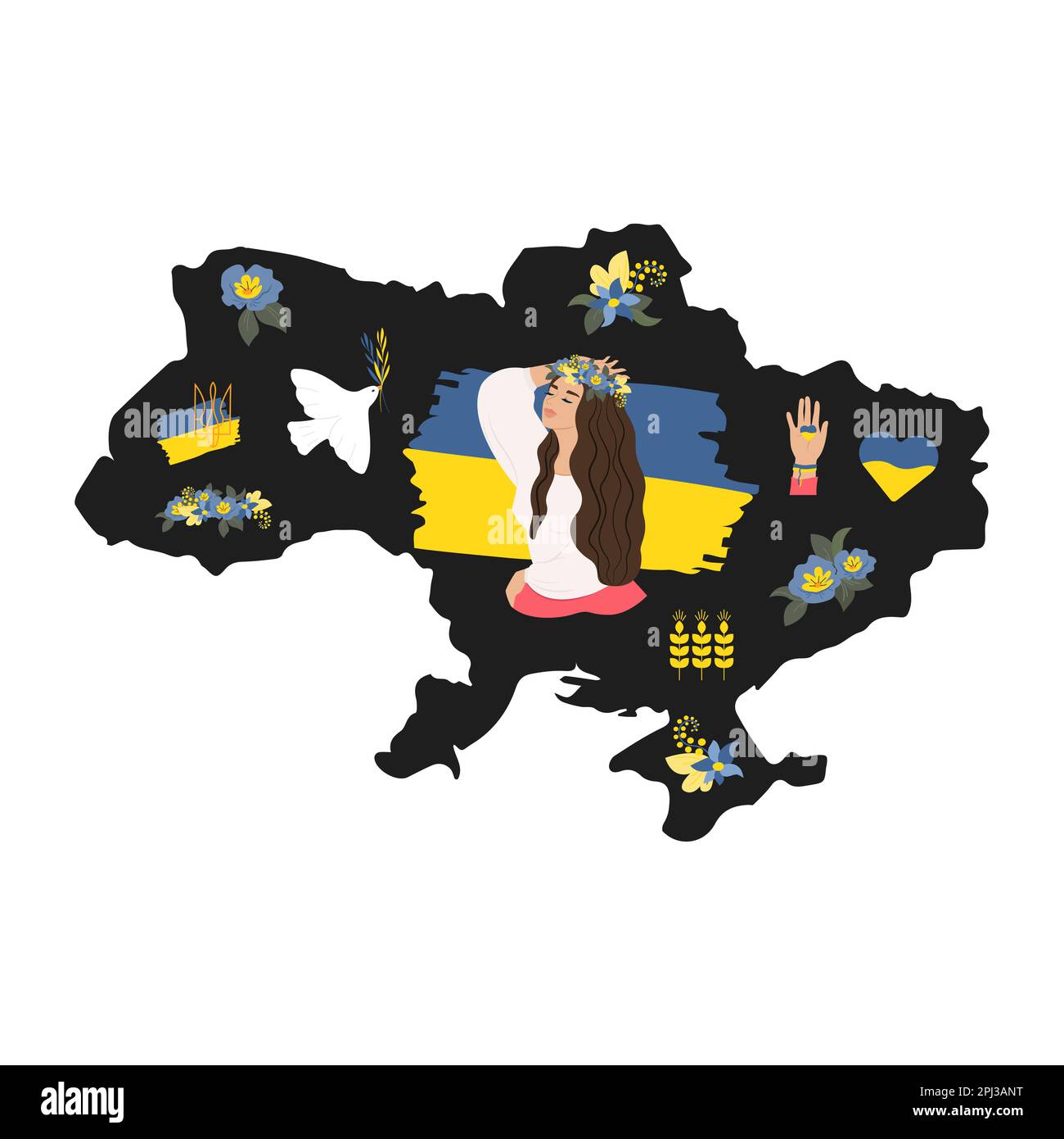 Ukrainisch, schwarze Silhouette des Territoriums der Ukraine, Symbole Taube des Friedens, Mädchen im Kranz, Weizenohren, Wappen der Ukraine. Vektor Stock Vektor