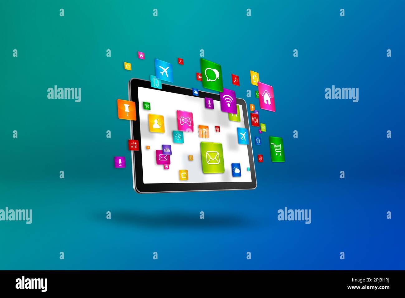 Fliegende Symbole um einen Tablet-PC herum. Cloud-Computing-Konzept. 3D-Abbildung isoliert auf blauem Hintergrund. Stockfoto