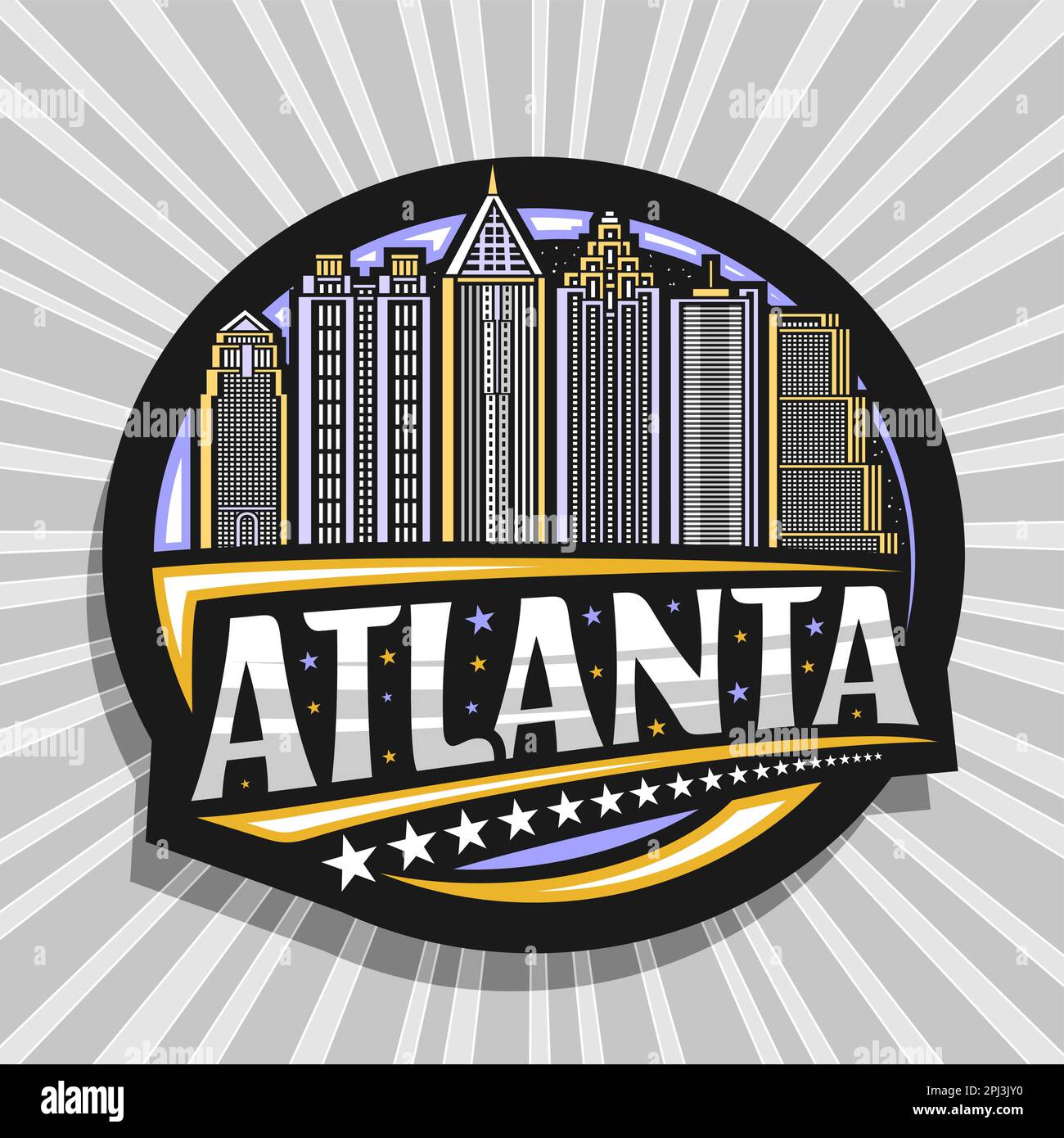 Vektorlogo für Atlanta, schwarzes dekoratives Etikett mit Strichzeichnung der berühmten modernen Stadtlandschaft von atlanta auf dem Hintergrund des dunklen Himmels, Art Design Kühlschrank Stock Vektor