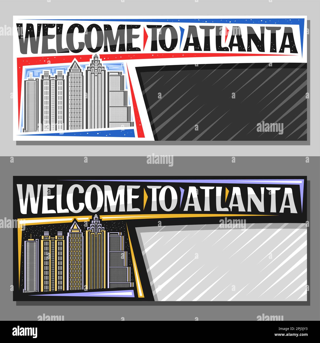 Vektorlayouts für Atlanta mit Kopierbereich, dekorative Vorlage mit Strichzeichnung der Stadtlandschaft von atlanta bei Tag und Abenddämmerung, künstlerischer Hintergrund Stock Vektor