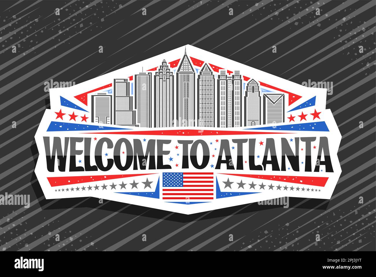 Vektorlogo für Atlanta, weißes dekoratives Etikett mit Linienzeichnung der berühmten zeitgenössischen Stadtlandschaft von atlanta auf dem Hintergrund des Tageslichts, Art Design Stock Vektor