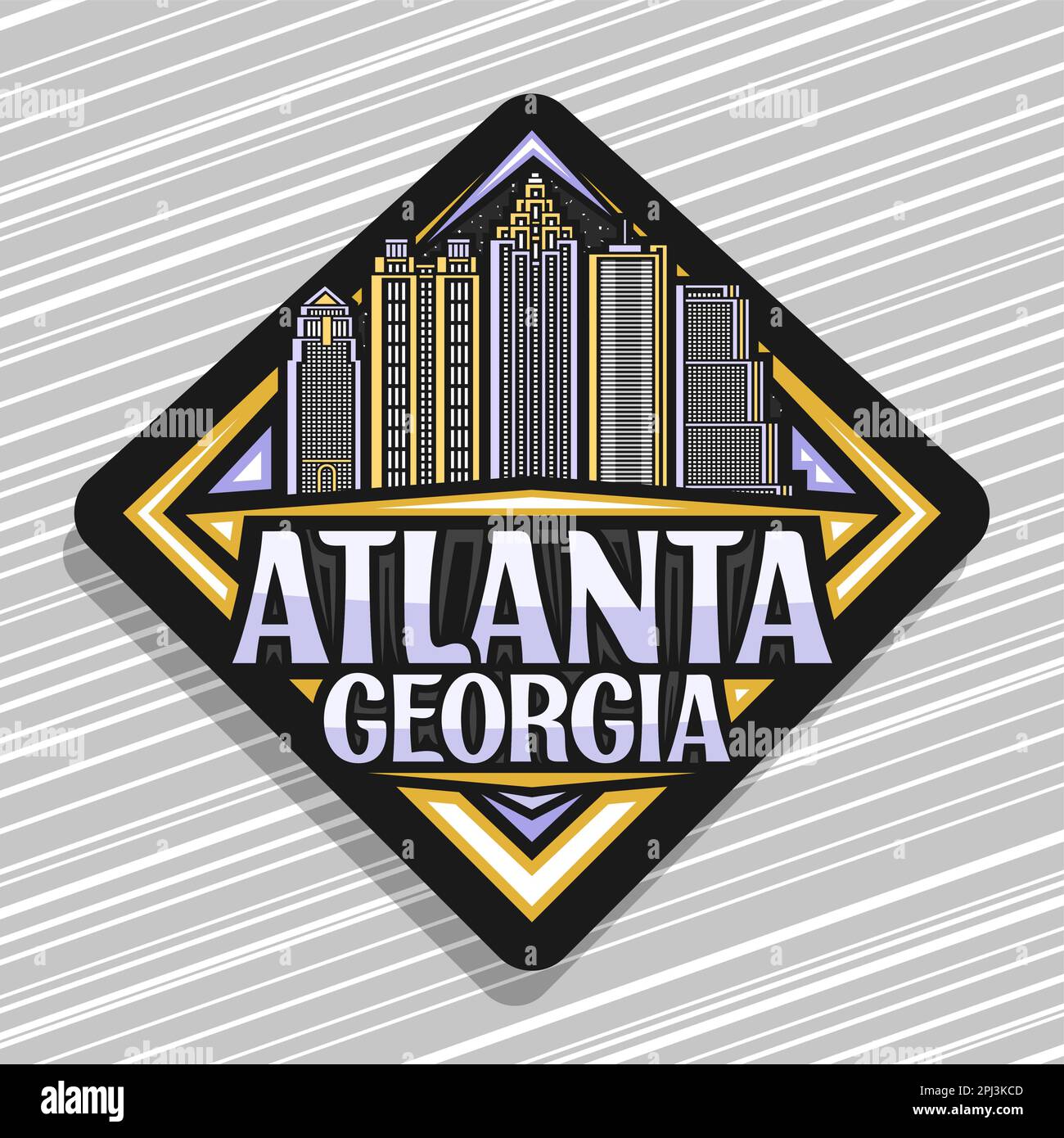 Vector-Logo für Atlanta, dekoratives Rhombus-Straßenschild mit Linienzeichnung der berühmten Stadtlandschaft von atlanta im Hintergrund des Dämmernachlichts, Kunstdesign dar Stock Vektor