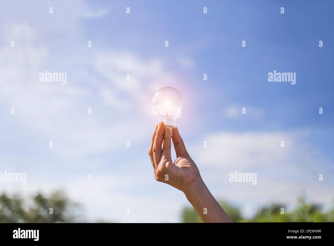 Hand halten Glühbirne, natürliche Energie und Liebe die Welt Konzept. Stockfoto