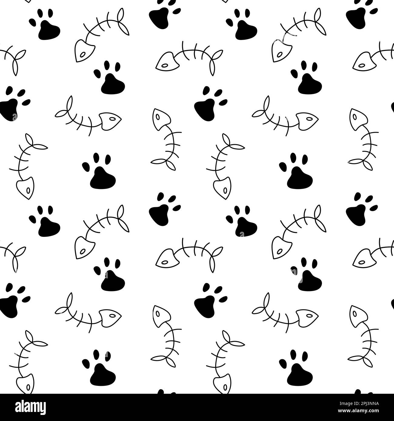 Katzenpfote, Fischknochen, nahtloses Muster, weißer Hintergrund. Vektordarstellung. Niedliches Tiermuster. Tapeten- und Stoffdesign und -Einrichtung. Stock Vektor