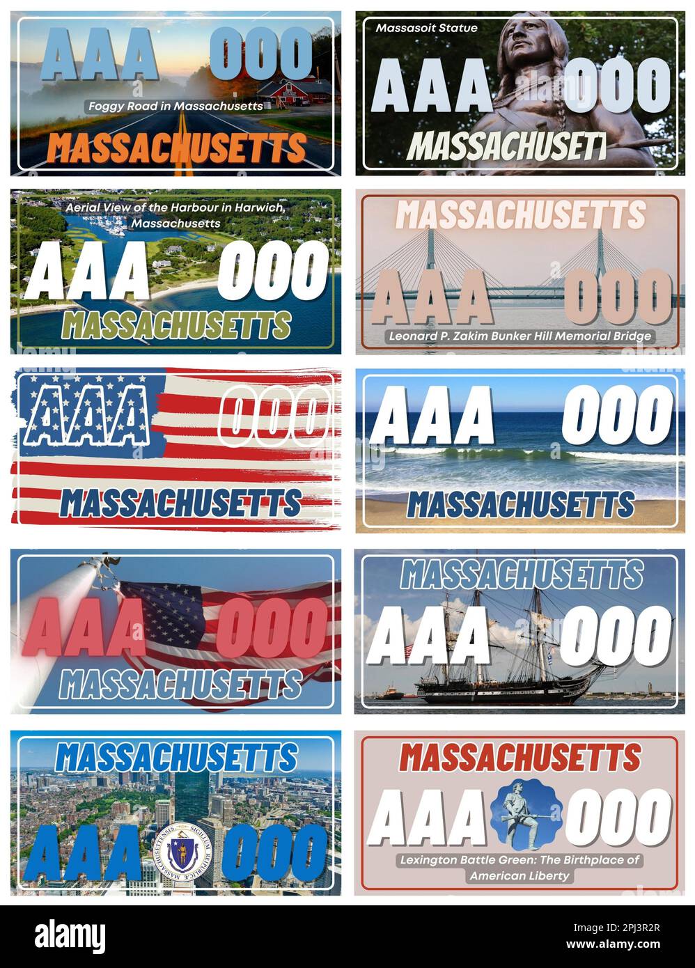 Kompletter Satz 10 Massa State US Nummernschilder - Massachuset 10 USA Staaten, Sonderdesign und Vorschriften für alle Staaten, Fahrzeugnummern Stockfoto