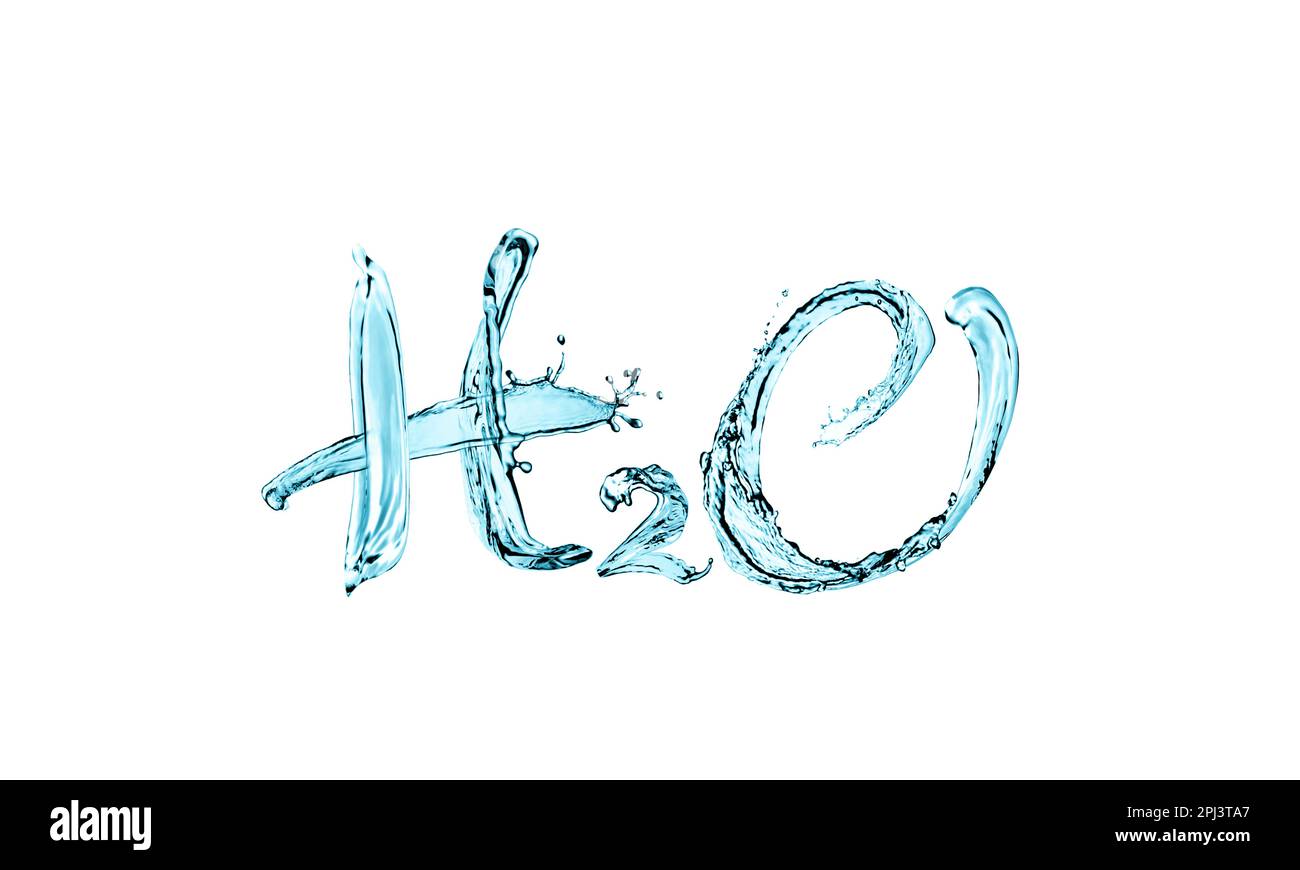 Chemische Formel H2O aus Wasser auf weißem Hintergrund Stockfoto