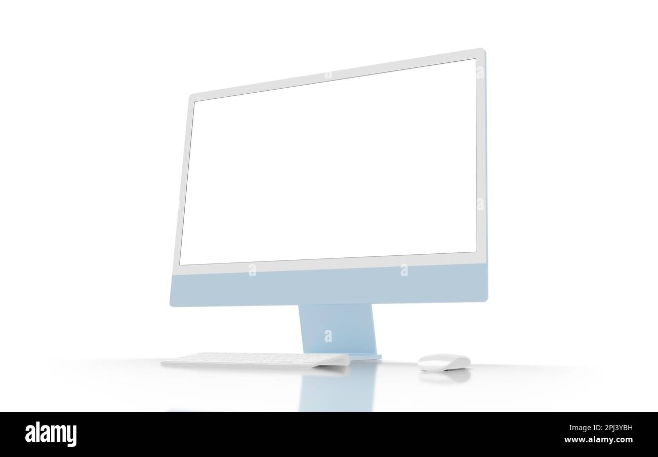 Moderner blauer Computerbildschirm auf dem Schreibtisch mit Tastatur und Maus daneben. Isolierter Bildschirm und Hintergrund für Modell Stockfoto