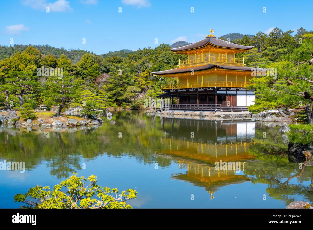 Blick auf den berühmten Goldenen Pavillon am Kinkaku ji (Goldener) Tempel in Kyoto, Japan Stockfoto