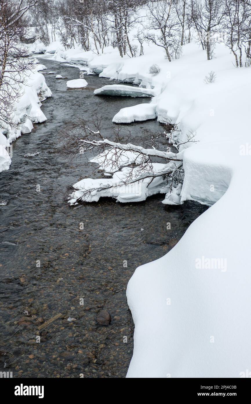 Der schneebedeckte Fluss im norwegischen Gebiet Jotunheimen Stockfoto