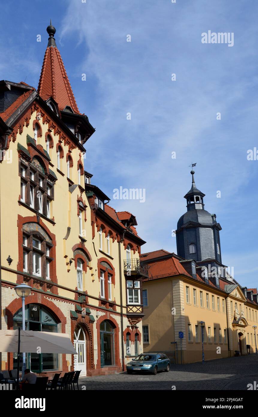Deutschland, Thüringen, Gotha: In der Brühl (Straße) befindet sich ein bemerkenswertes Gebäude, darunter das 1223 gegründete Maria-Magdalena-Krankenhaus (Gebäude auf der Stockfoto