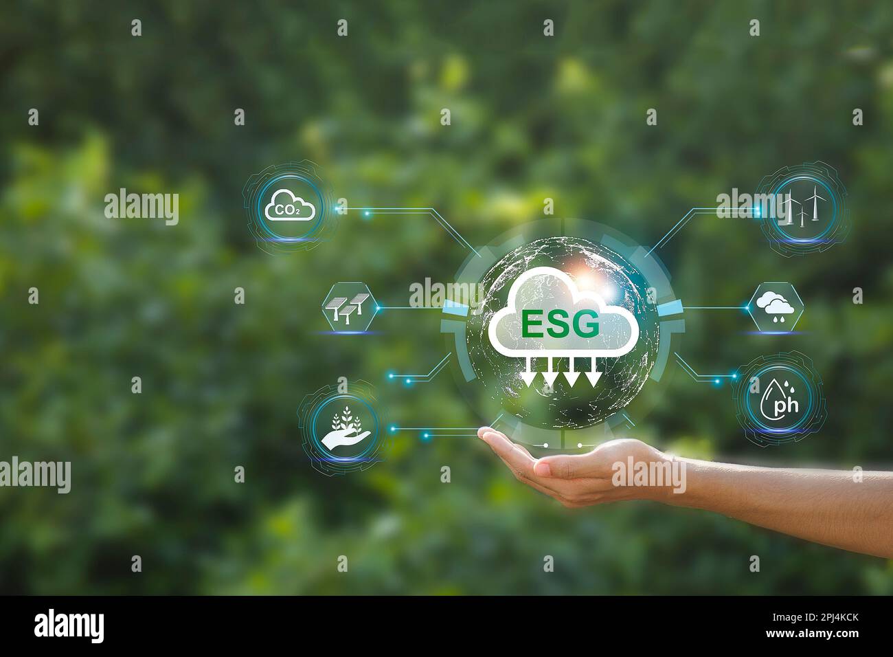 ESG, Environmental, Social and Governance Sustainable Industry of Business Global Warming Reduction Concept on Green background Stockfoto