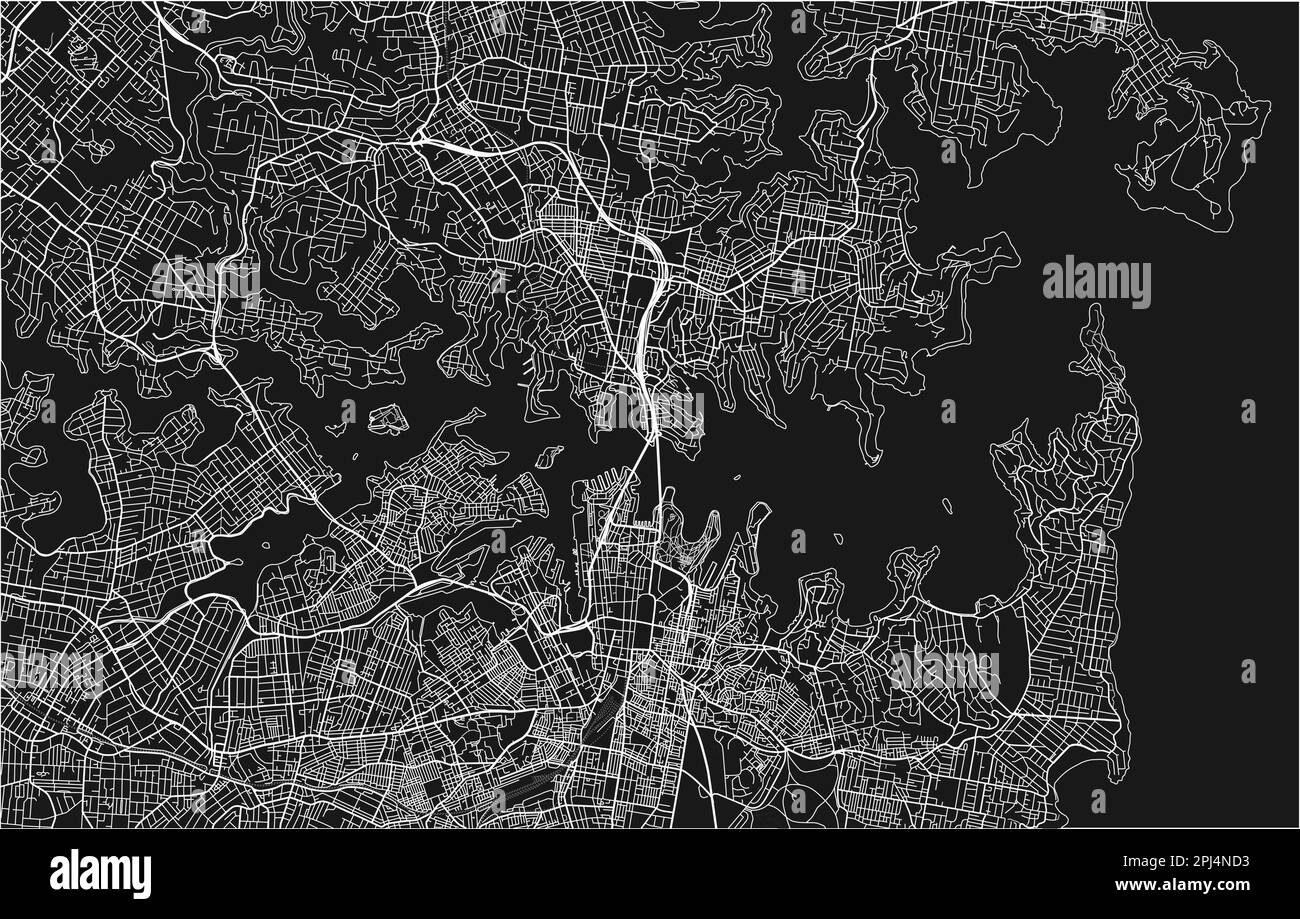 Schwarzweiß-Stadtplan von Sydney mit gut organisierten getrennten Schichten. Stock Vektor