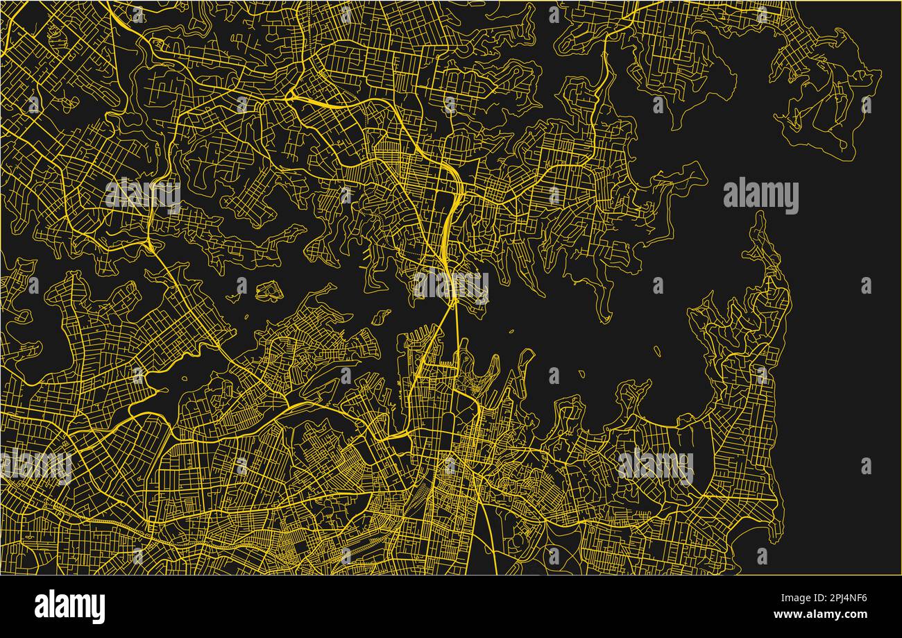 Schwarz-gelber Stadtplan von Sydney mit gut organisierten getrennten Schichten. Stock Vektor
