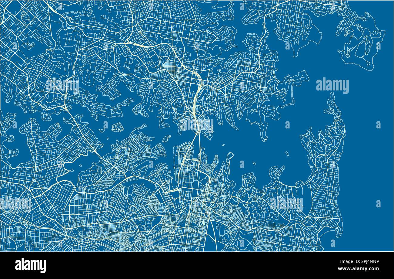 Blau-weißer Vektor-Stadtplan von Sydney mit gut organisierten getrennten Schichten. Stock Vektor