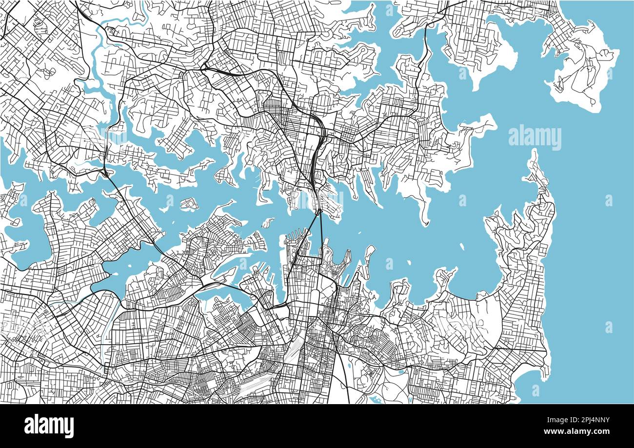 Schwarzweiß-Stadtplan von Sydney mit gut organisierten getrennten Schichten. Stock Vektor