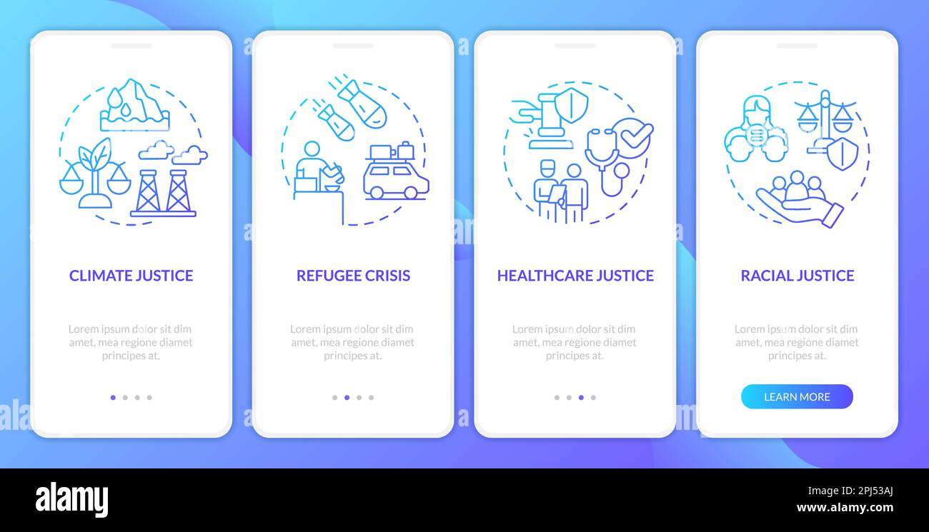 Beispiele für soziale Gerechtigkeit Blau-Gradient für den Bildschirm „Onboarding der mobilen App“ Stock Vektor