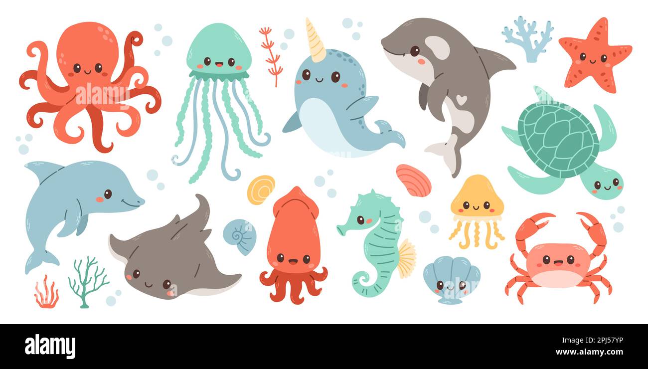 Set mit handgezeichneten Meereslebewesen. Vector Doodle Cartoon-Set mit Meereslebewesen für dein Design. Stock Vektor