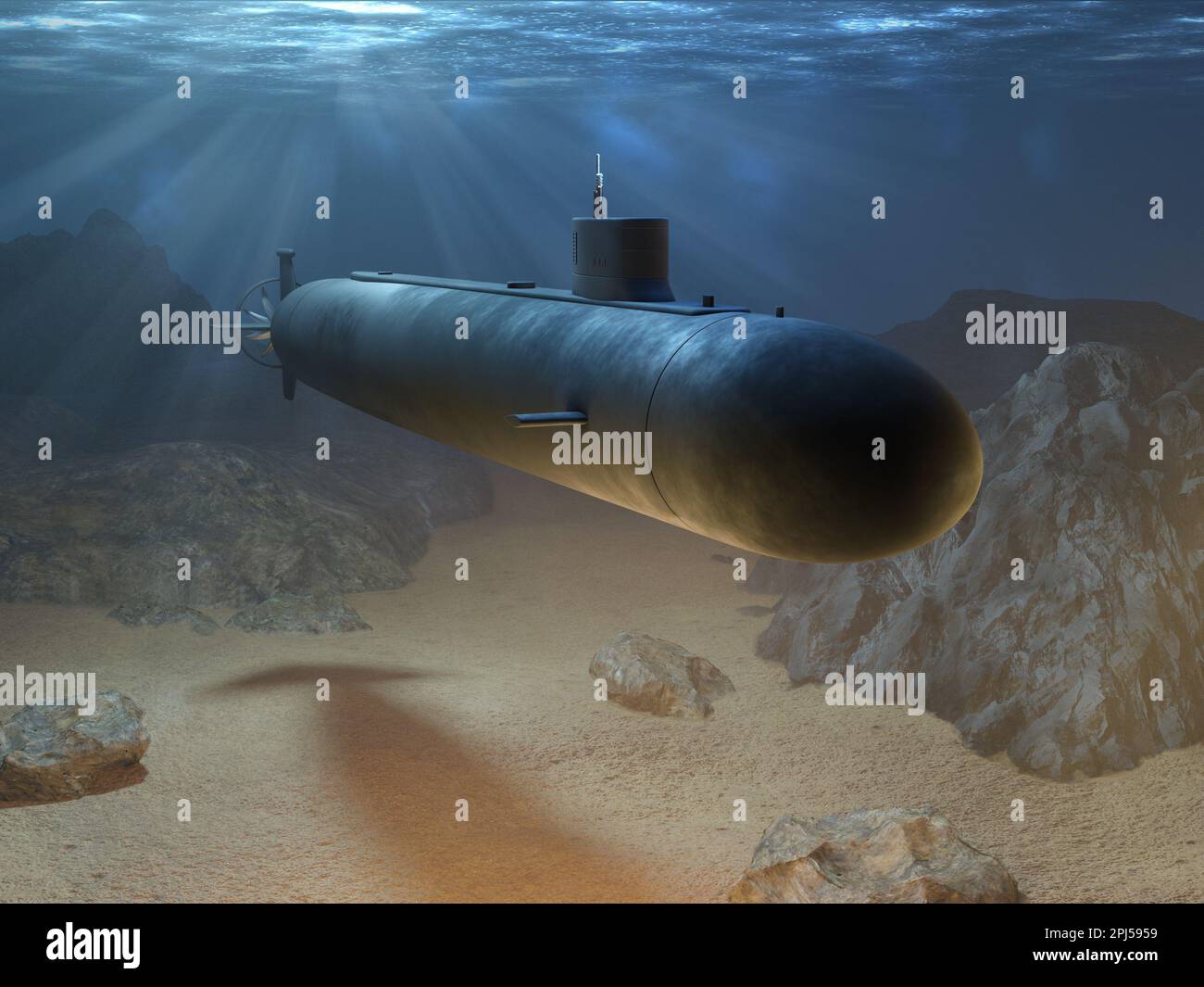 Ein Atom-U-Boot, das in der Tiefe des Ozeans unterwegs ist. Digitale Illustration, 3D-Rendering. Stockfoto