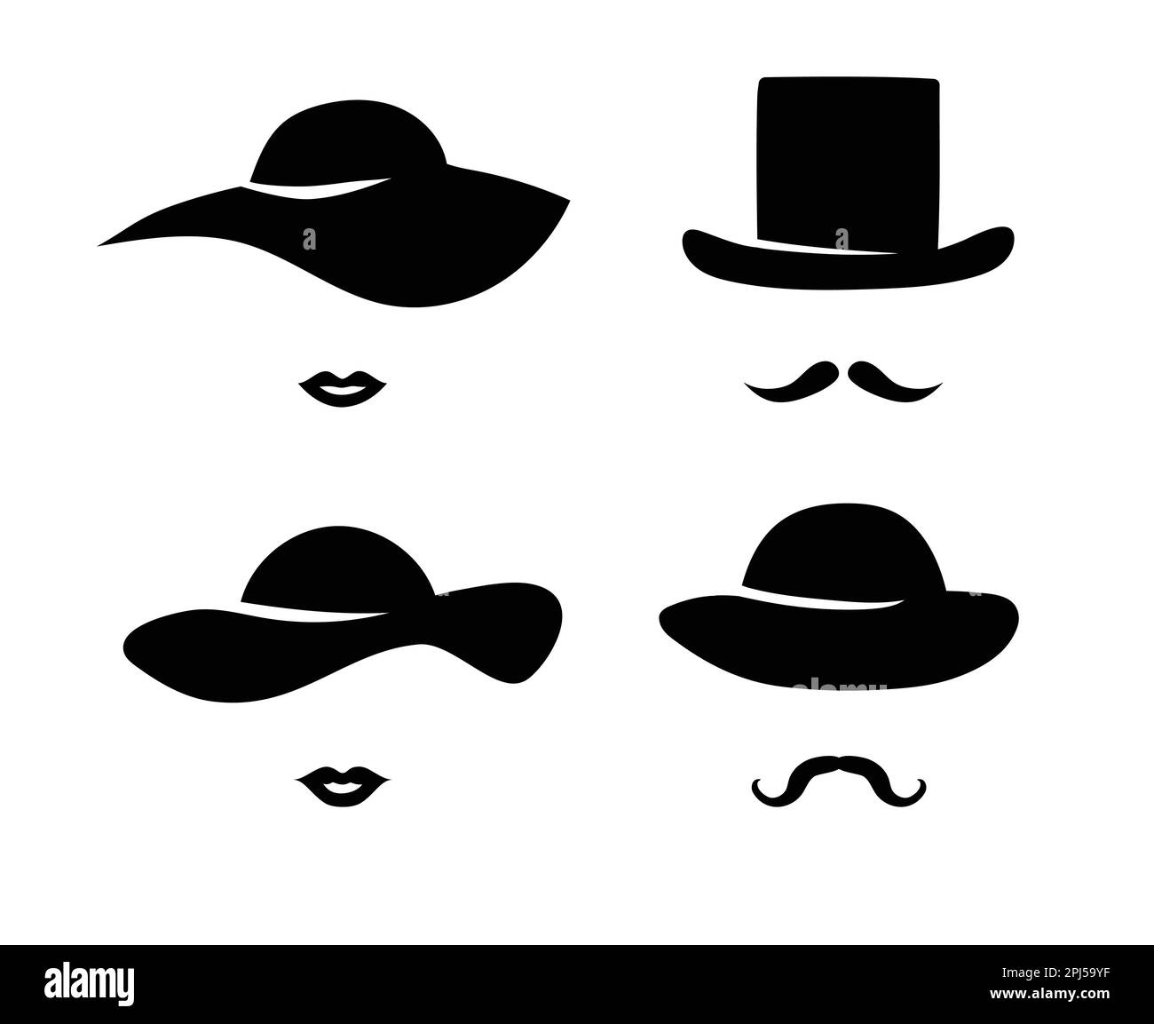 Hüte für Männer und Frauen mit Lippen- und Schnurrbart-Schablone Stock Vektor