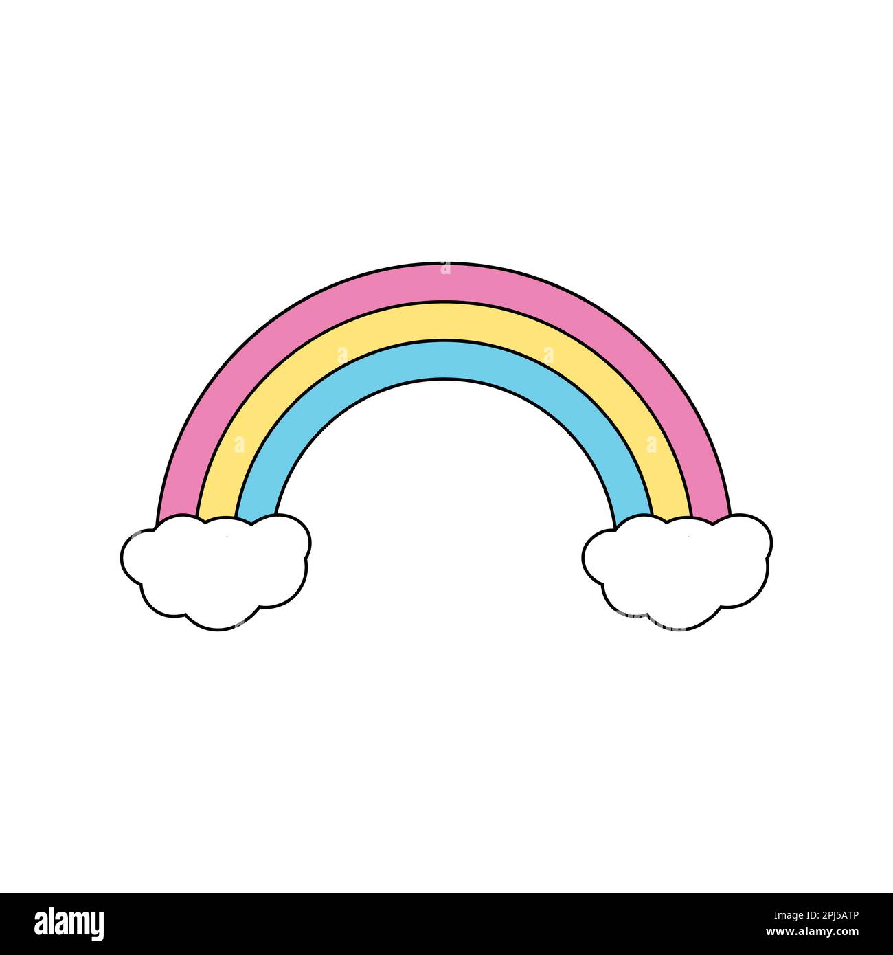 Farbiger Regenbogen auf Wolken. Farbenfroher Zeichentrickfilm, Symbol der Freude Stock Vektor
