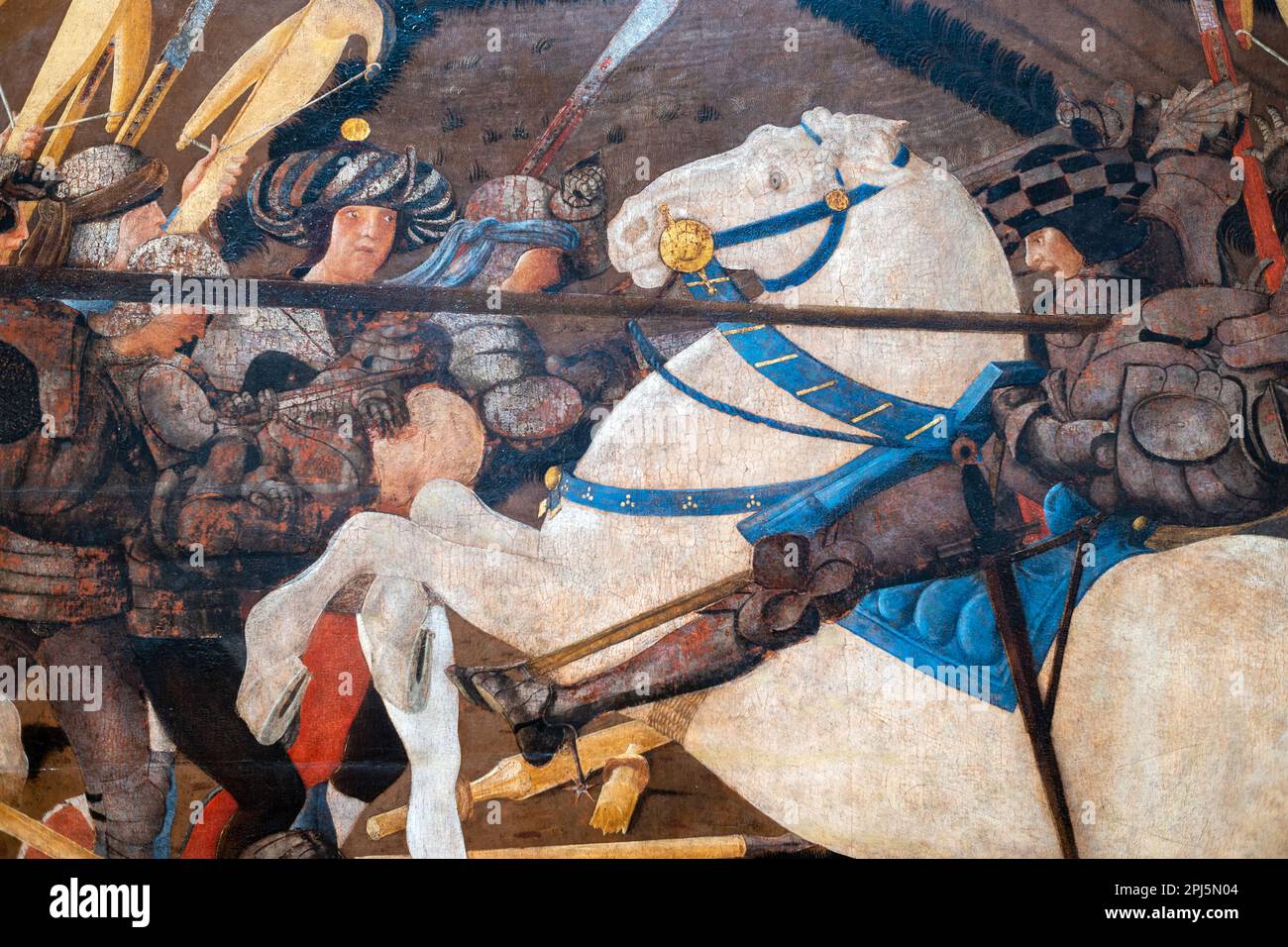 Details der „Schlacht von San Romano“ (1435-60) von Paolo Uccello in den Uffizien in Florenz. Stockfoto