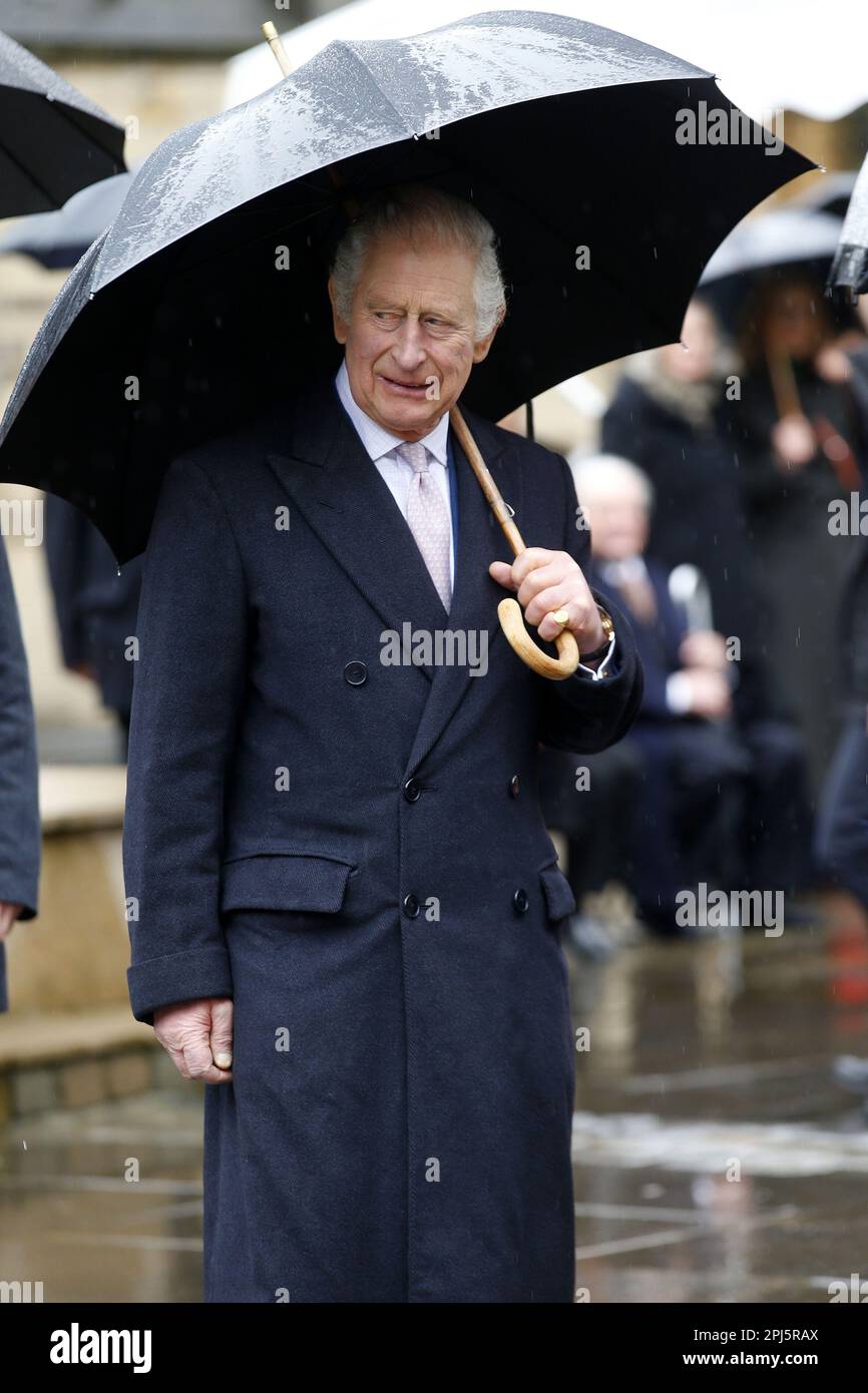 Koenig Charles bei der Ankunft an der St. Nikolai Kirche um 31.03.2023 Uhr in Hamburg. König Karl III. In St. Nikolai-Gedächtniskirche am 31. März 2023 i. Stockfoto