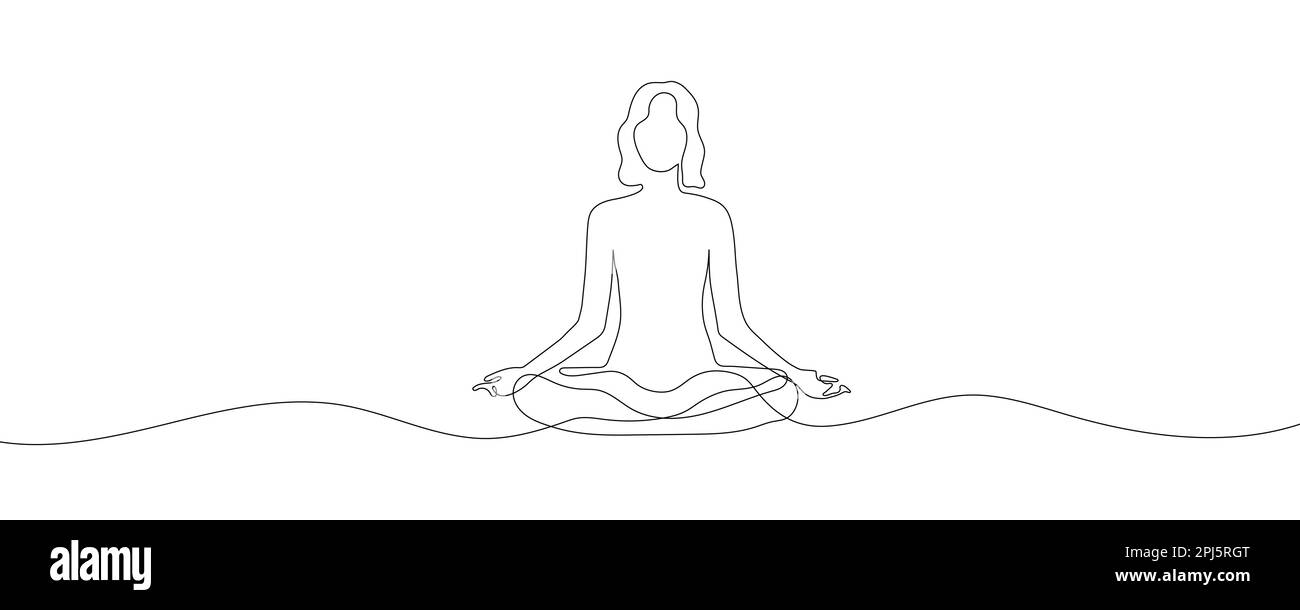 Eine Frau, die in Lotus-Yoga-Pose sitzt. Durchgehende Zeichnung einer Linie auf weißem Hintergrund Stock Vektor