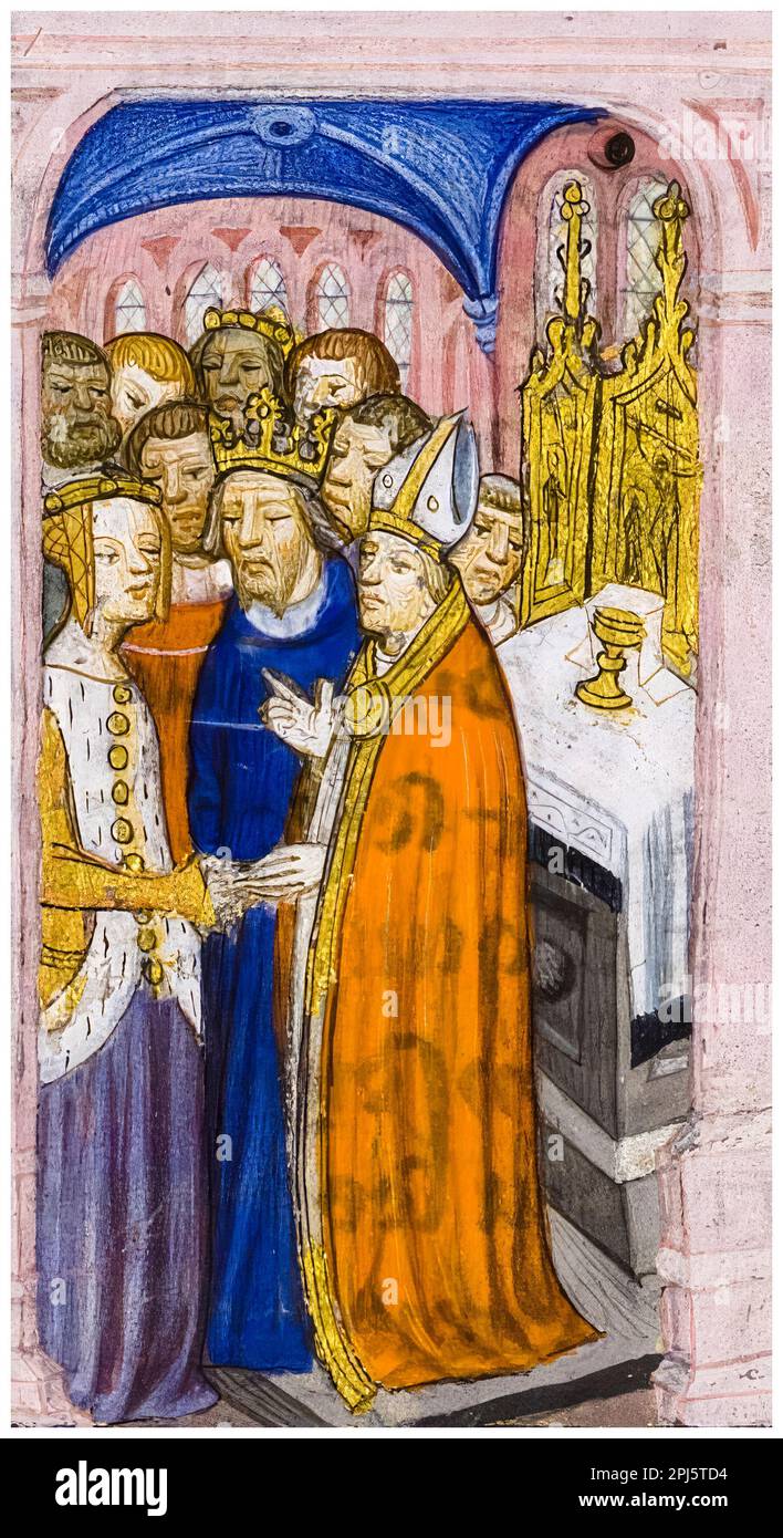 Heirat von Eleanor aus Aquitanien (ca. 1122-1204) und König Ludwig VII. Von Frankreich (1120-1180) am 25. Juli 1137 aus einem französischen beleuchteten Manuskript aus dem 14. Jahrhundert, 1301-1399 Stockfoto
