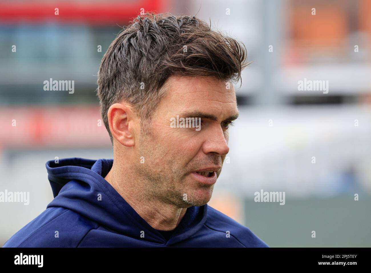 James Anderson of Lancashire beim Lancashire Cricket Media Day in Old Trafford, Manchester, Großbritannien, 31. März 2023 (Foto von Conor Molloy/News Images) Stockfoto