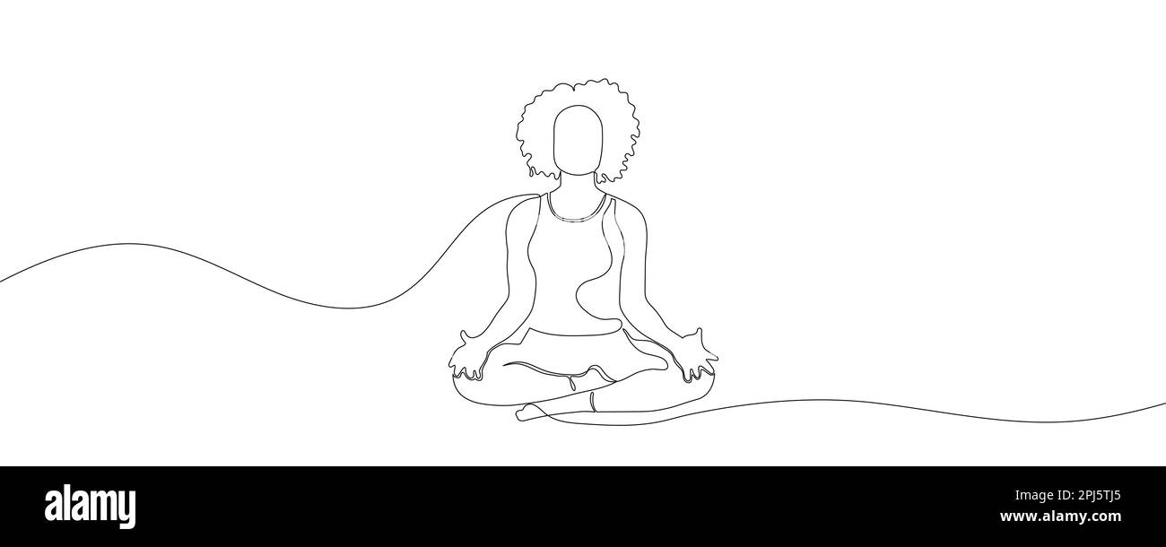 Eine Frau, die in Lotus-Yoga-Pose sitzt. Durchgehende Zeichnung einer Linie auf weißem Hintergrund Stock Vektor