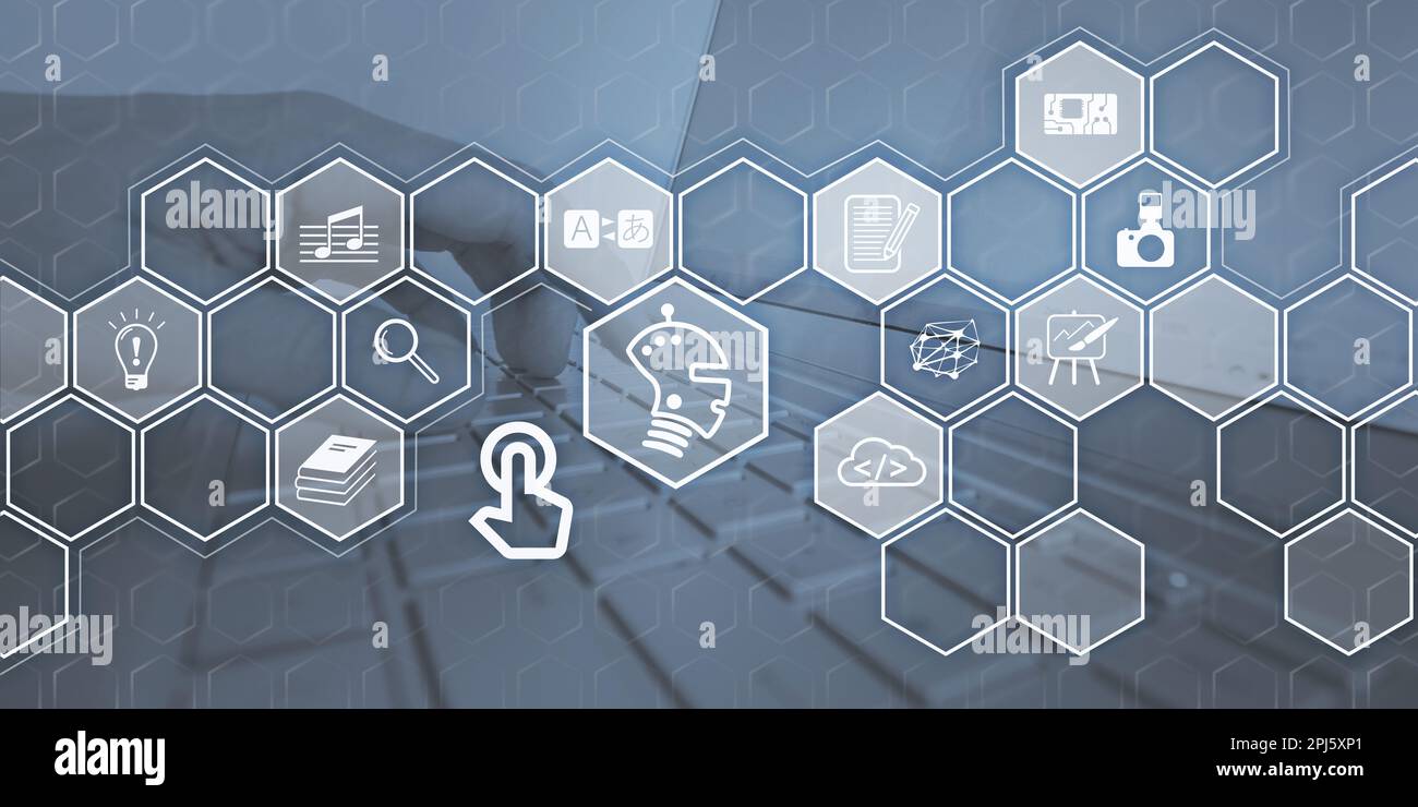 Symbolfoto für die Nutzung der künstlichen Intelligenz (KI). Laptop im Hintergrund mit Symbolen für Text, Bild, Übersetzung und Suche. Stockfoto