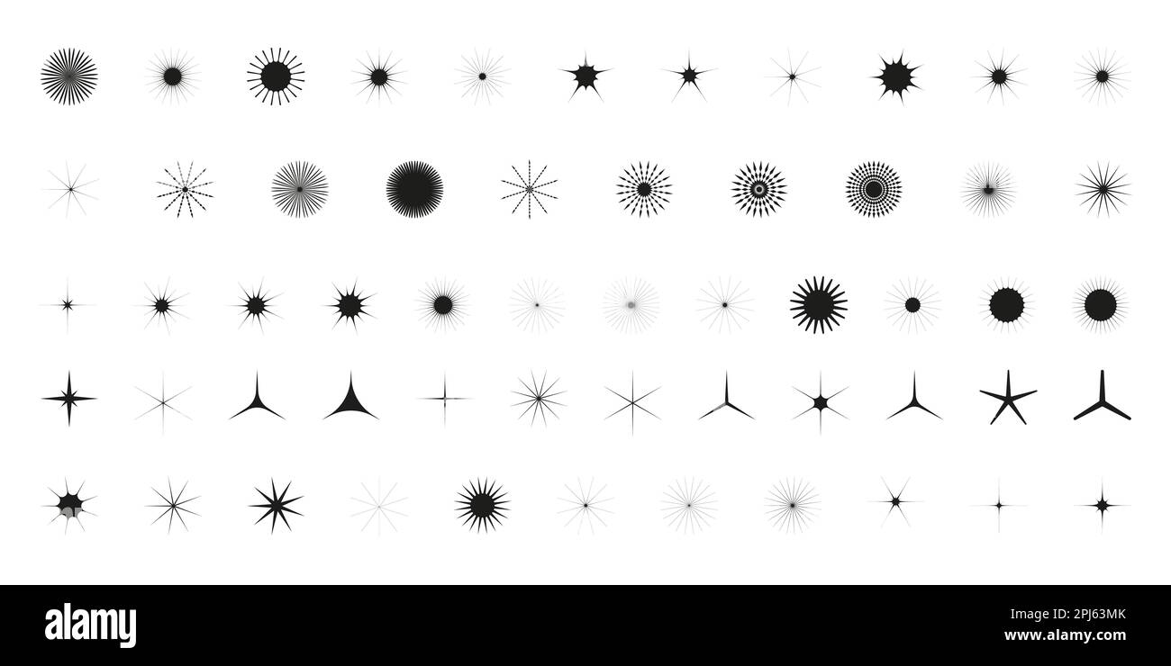Einfache minimalistische schwarze Elemente, abstrakte, brutale geometrische Formen. Grundform Y2K Figur Stern, Sonne, Glitzer, Kristall, Schneefälke. Schweizer Primitiv Stock Vektor
