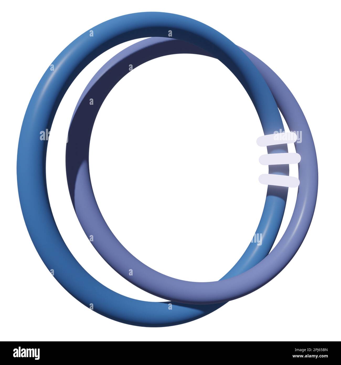 Ein Stockfoto von zwei ineinander greifenden blauen Ringen auf weißem Hintergrund mit verschiedenen Ausschnitten, die um sie verstreut sind Stockfoto