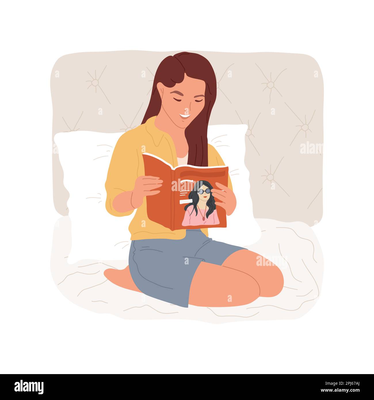 Lesen von Zeitschriften isolierte Cartoon-Vektordarstellung. Lächelndes Teenager-Mädchen liest Zeitschriften über Sterne im Bett, verbringt Freizeit zu Hause, entspannt sich in einem Teenager-Zimmer-Vektor-Cartoon. Stock Vektor