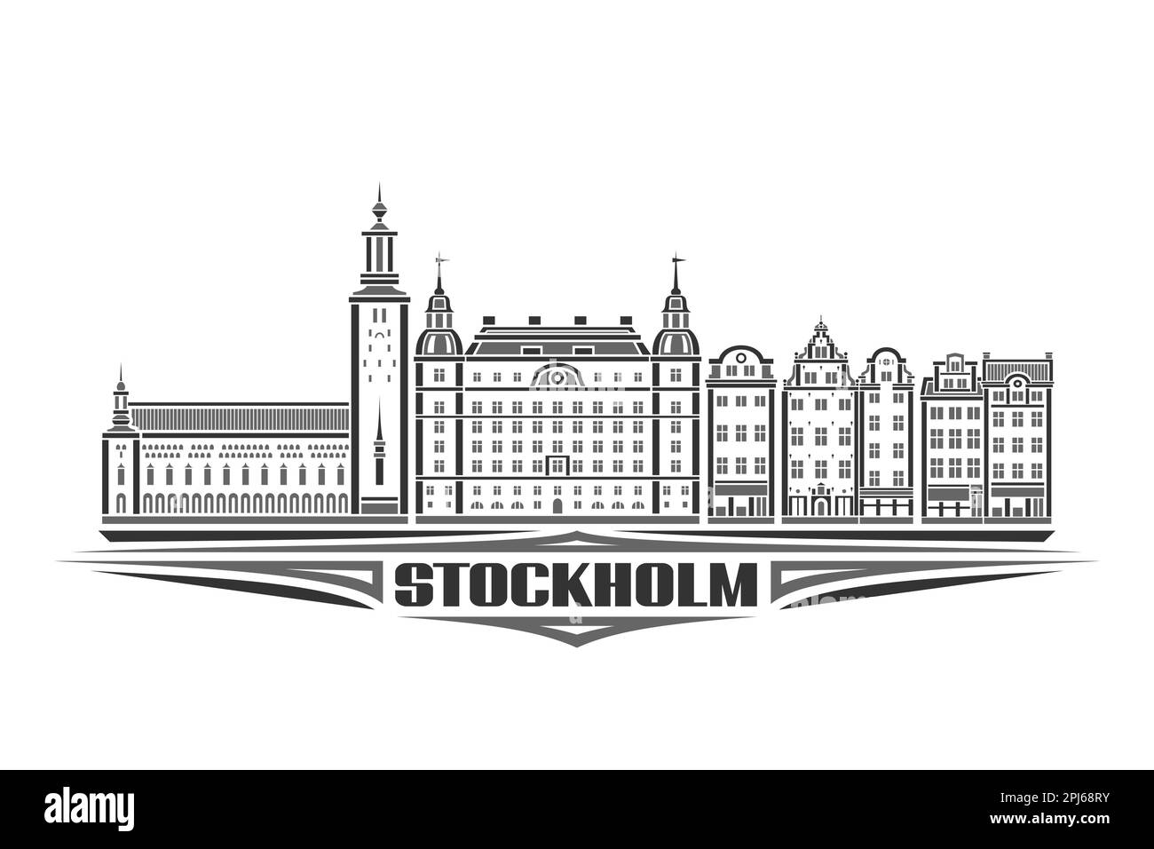 Vektordarstellung von Stockholm, Schwarzweiß-horizontale Karte mit linearem Design stockholmer Stadtlandschaft, europäisches Kunstkonzept mit urbaner Linie und Dekoration Stock Vektor