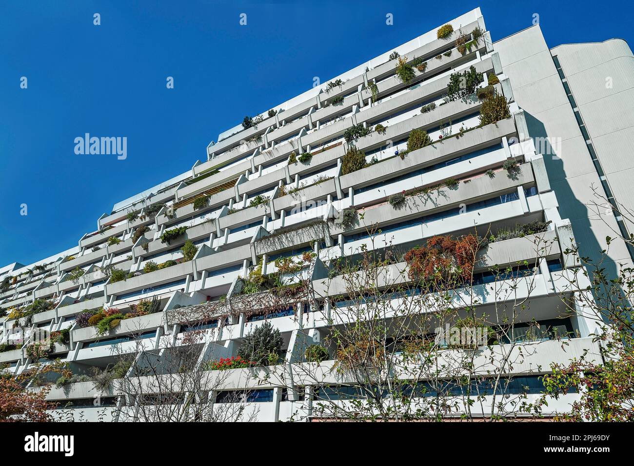 Hochhaus mit grünen Balkonen im ehemaligen Olympischen Dorf München, Bayern Stockfoto