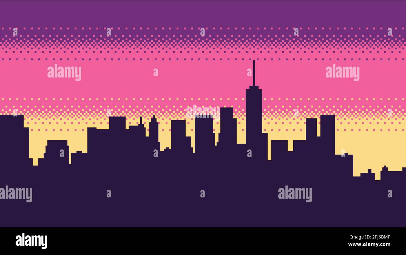 Pixel Art Metropole mit Wolkenkratzern am Abend. Eine große Stadt am Morgen. Vektorhintergrund Stock Vektor