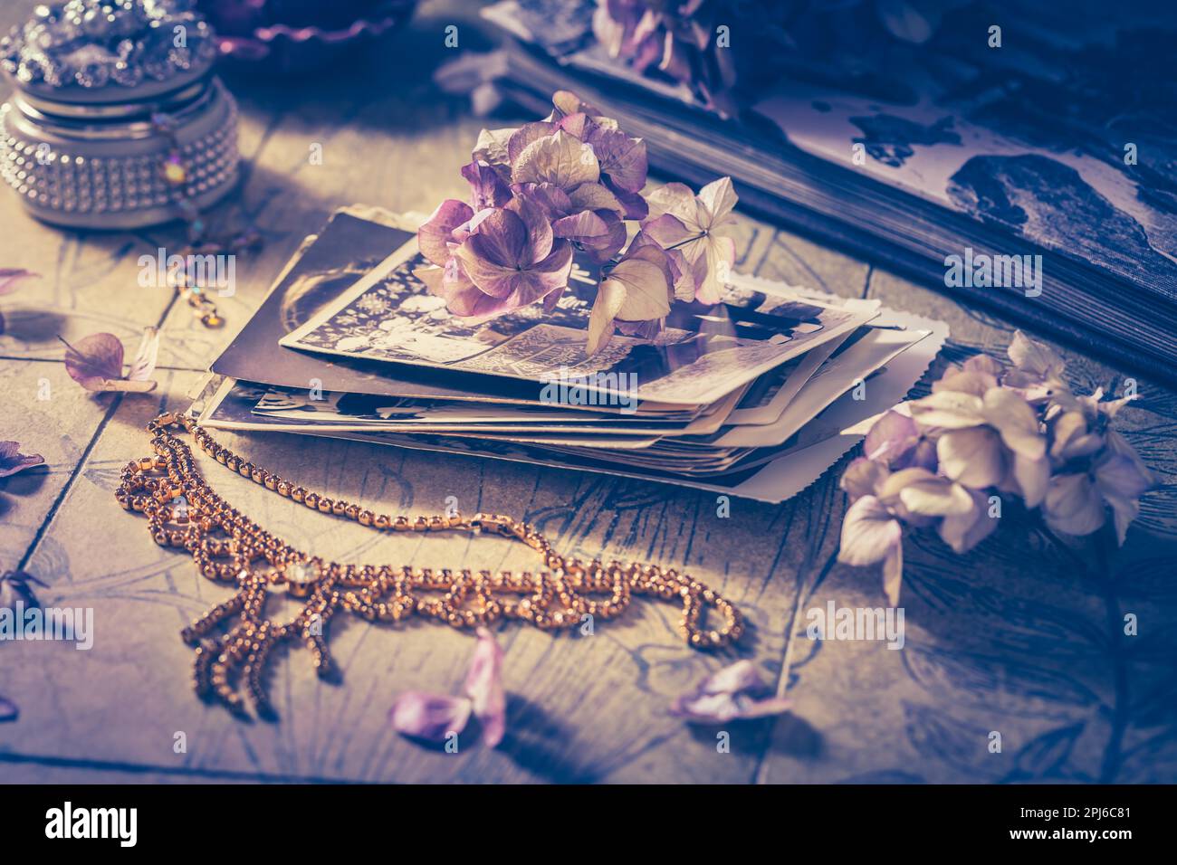 Erinnerungen - altes Familienfotoalbum mit Halskette, alten Büchern und getrockneten Blumen und Kerzen Stockfoto