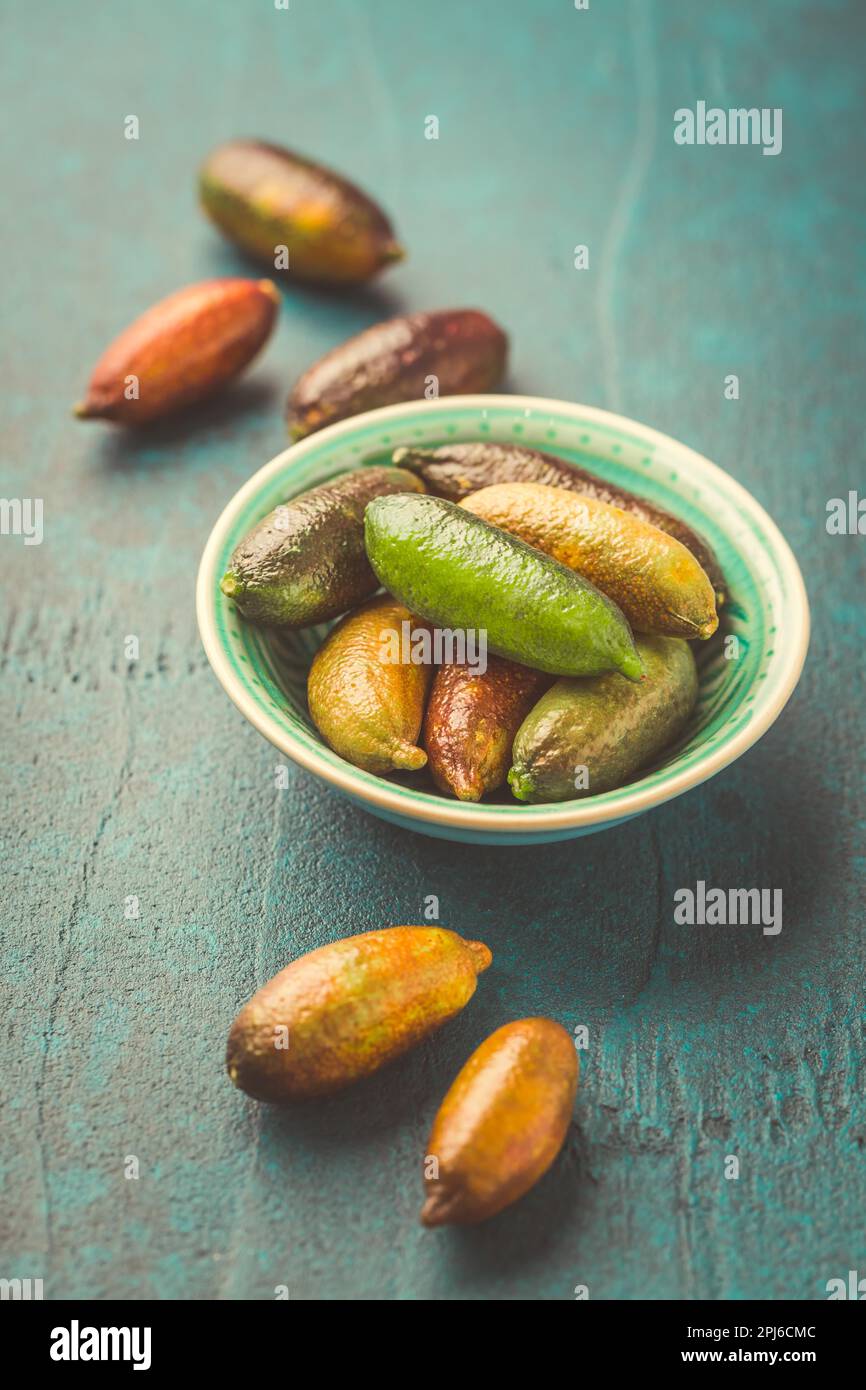 Australische Fingerkalk oder Kaviarkalk, essbare Früchte für Gourmetküche. Citrus australasica Stockfoto